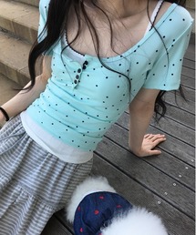 【Y2Kガーリー】 トップスミントドットレイヤードTシャツ