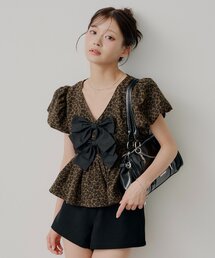 セットアイテム】ギンガムバルーンペプラムトップス+シュシュセット