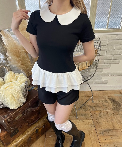 PHILLY(フィリー)の「ヘムフリル襟付きトップス(Tシャツ/カットソー・レディース・ホワイト/ブラック・FREE)」の6枚目の写真