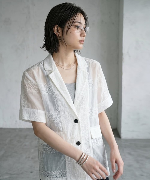 STYLE DELI(スタイルデリ)の「【BLK001】パッチワークシアーレーステーラードジャケット(テーラードジャケット・レディース・オフホワイト/ブラック・FREE)」の1枚目の写真