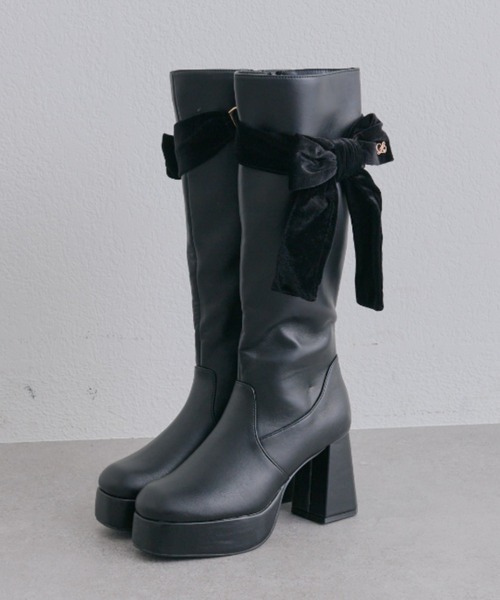 OLIVE des OLIVE(オリーブデオリーブ)の「ベロアリボンロングブーツ(ブーツ・レディース・ブラック/アイボリー・LARGE/MEDIUM/SMALL)」の2枚目の写真