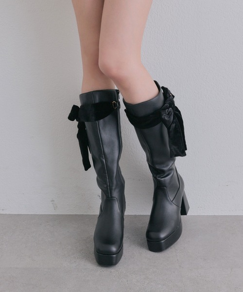 OLIVE des OLIVE(オリーブデオリーブ)の「ベロアリボンロングブーツ(ブーツ・レディース・ブラック/アイボリー・LARGE/MEDIUM/SMALL)」の6枚目の写真