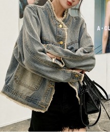 ヴィンテージライクノーカラーフリンジデニムジャケット/Gジャン Y2K 韓国 ストリート 古着MIX