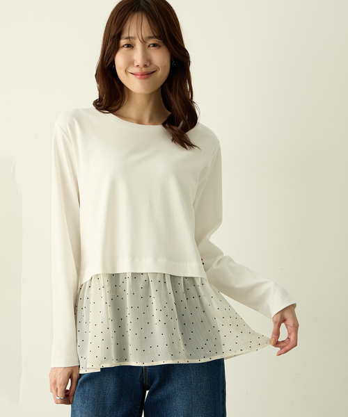 Petit Honfleur(プチオンフルール)の「裾切替レイヤードロングスリーブTシャツ【ドット・レース】(Tシャツ/カットソー・レディース・ホワイト/ネイビー・L/M)」の5枚目の写真