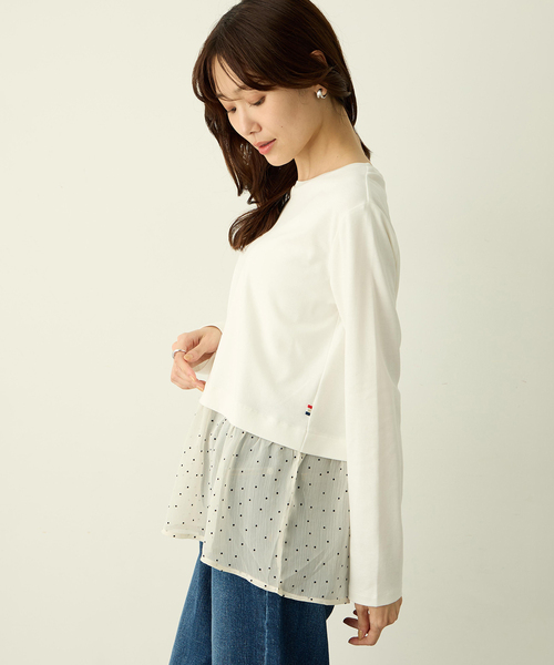 Petit Honfleur(プチオンフルール)の「裾切替レイヤードロングスリーブTシャツ【ドット・レース】(Tシャツ/カットソー・レディース・ホワイト/ネイビー・L/M)」の6枚目の写真