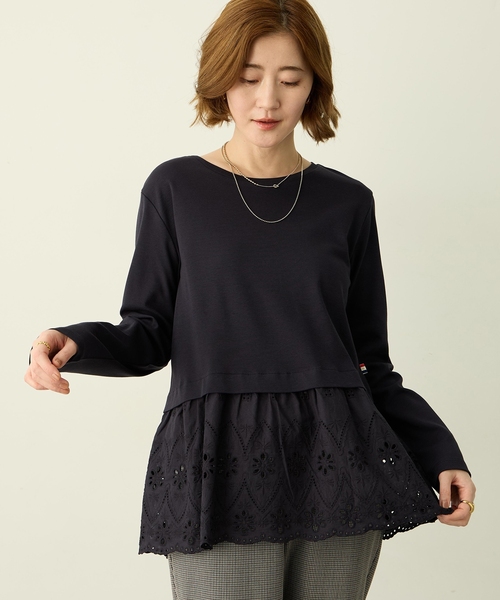 Petit Honfleur(プチオンフルール)の「裾切替レイヤードロングスリーブTシャツ【ドット・レース】(Tシャツ/カットソー・レディース・ホワイト/ネイビー・L/M)」の9枚目の写真