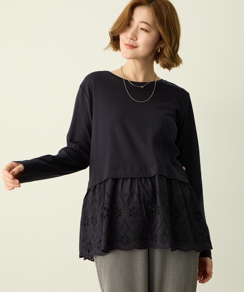 Petit Honfleur(プチオンフルール)の「裾切替レイヤードロングスリーブTシャツ【ドット・レース】(Tシャツ/カットソー・レディース・ホワイト/ネイビー・L/M)」の10枚目の写真