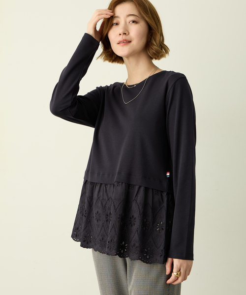 Petit Honfleur(プチオンフルール)の「裾切替レイヤードロングスリーブTシャツ【ドット・レース】(Tシャツ/カットソー・レディース・ホワイト/ネイビー・L/M)」の11枚目の写真