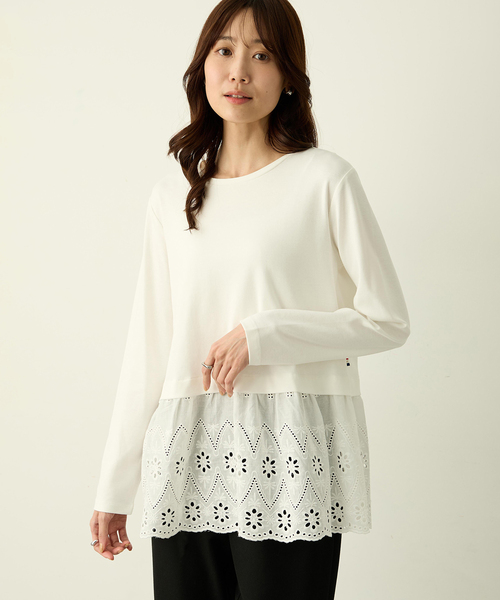Petit Honfleur(プチオンフルール)の「裾切替レイヤードロングスリーブTシャツ【ドット・レース】(Tシャツ/カットソー・レディース・ホワイト/ネイビー・L/M)」の12枚目の写真