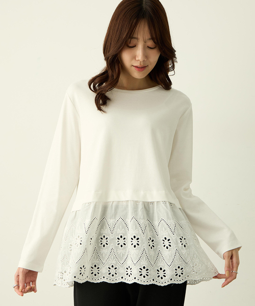 Petit Honfleur(プチオンフルール)の「裾切替レイヤードロングスリーブTシャツ【ドット・レース】(Tシャツ/カットソー・レディース・ホワイト/ネイビー・L/M)」の13枚目の写真