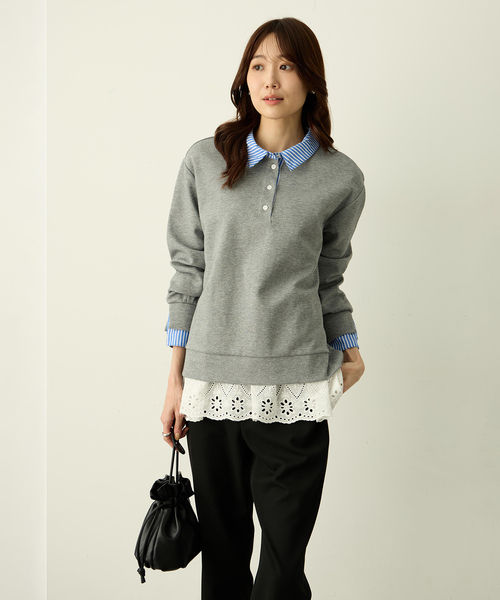 Petit Honfleur(プチオンフルール)の「裾切替レイヤードロングスリーブTシャツ【ドット・レース】(Tシャツ/カットソー・レディース・ホワイト/ネイビー・L/M)」の14枚目の写真