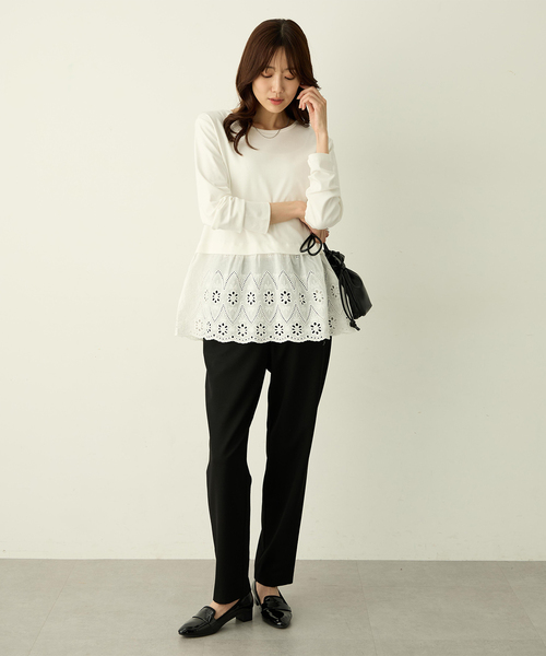 Petit Honfleur(プチオンフルール)の「裾切替レイヤードロングスリーブTシャツ【ドット・レース】(Tシャツ/カットソー・レディース・ホワイト/ネイビー・L/M)」の19枚目の写真