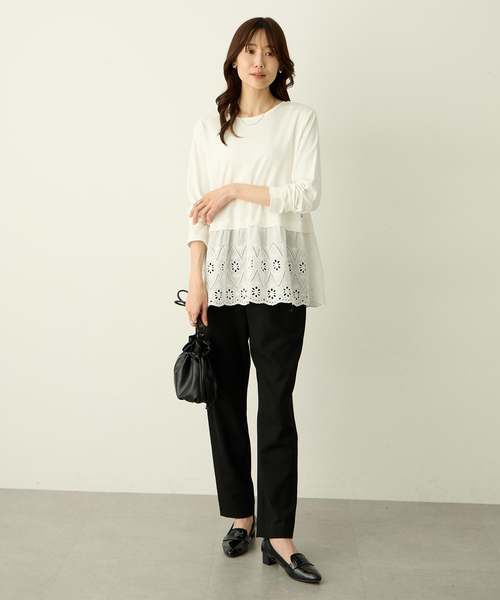 Petit Honfleur(プチオンフルール)の「裾切替レイヤードロングスリーブTシャツ【ドット・レース】(Tシャツ/カットソー・レディース・ホワイト/ネイビー・L/M)」の20枚目の写真