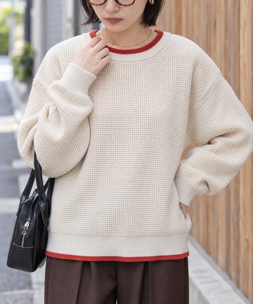 配色で魅せる｜クルーネック ワッフルニットプルオーバー