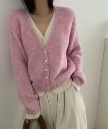 配色切替 V ネックふわもこニットカーディガン