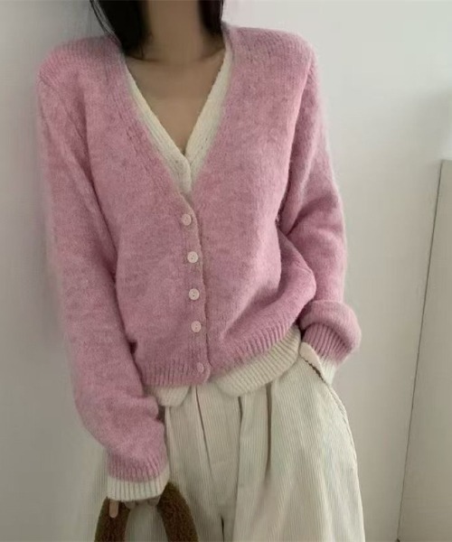 Ritzy(リッツィー)の「配色切替 V ネックふわもこニットカーディガン(カーディガン/ボレロ・レディース・グレー/ピンク/グリーン・FREE)」の3枚目の写真