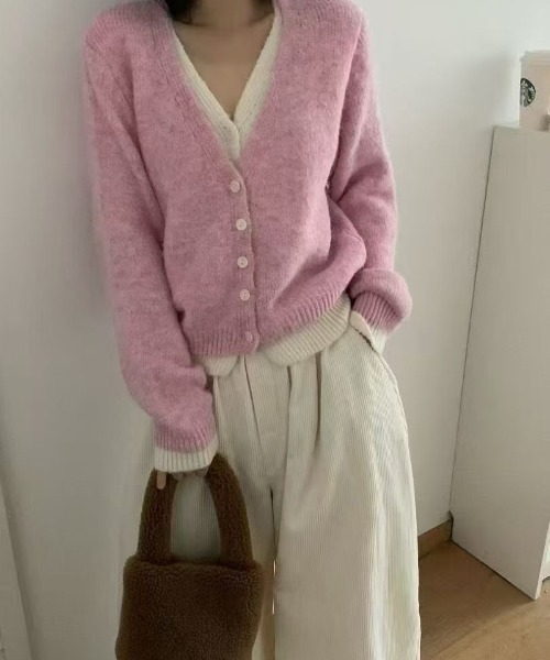 Ritzy(リッツィー)の「配色切替 V ネックふわもこニットカーディガン(カーディガン/ボレロ・レディース・グレー/ピンク/グリーン・FREE)」の14枚目の写真