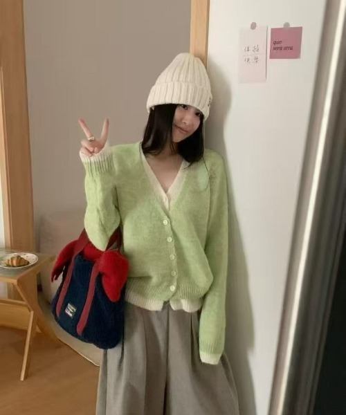 Ritzy(リッツィー)の「配色切替 V ネックふわもこニットカーディガン(カーディガン/ボレロ・レディース・グレー/ピンク/グリーン・FREE)」の16枚目の写真