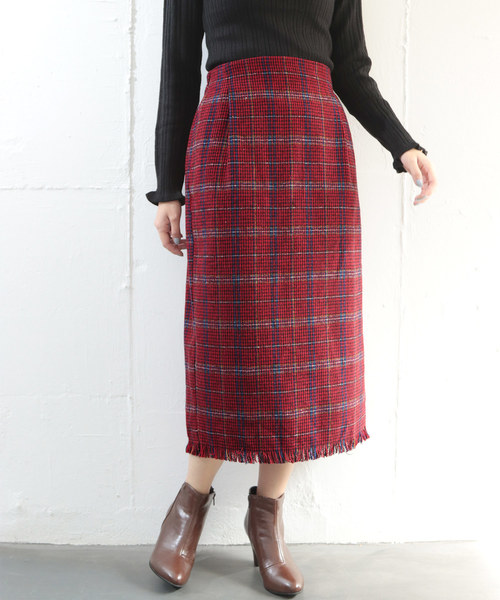 SESTO（セスト）の「オーバーチェックフリンジタイトスカート（スカート・レディース・ホワイト/レッド/カーキ・M）」の2枚目の写真