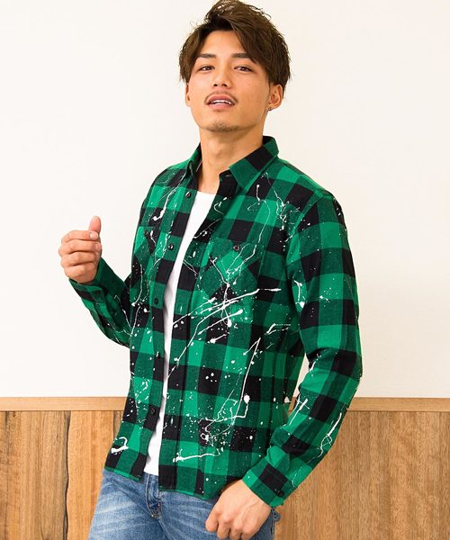 VINTAGE E.L. ペンキ加工ブロックチェック長袖ネルシャツ / 76802-SP VINTAGE E.L. ペンキ加工ブロックチェック長袖ネルシャツ / 76802-SP