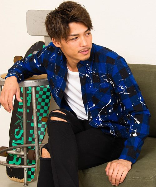 VINTAGE E.L. ペンキ加工ブロックチェック長袖ネルシャツ / 76802-SP VINTAGE E.L. ペンキ加工ブロックチェック長袖ネルシャツ / 76802-SP