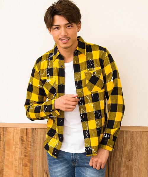 VINTAGE E.L. ペンキ加工ブロックチェック長袖ネルシャツ / 76802-SP VINTAGE E.L. ペンキ加工ブロックチェック長袖ネルシャツ / 76802-SP