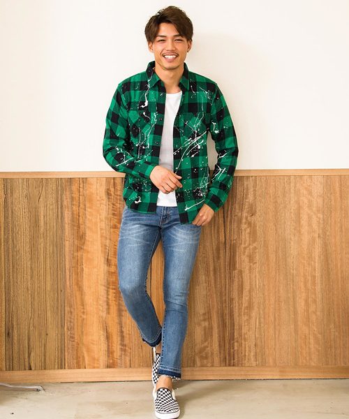 VINTAGE E.L. ペンキ加工ブロックチェック長袖ネルシャツ / 76802-SP VINTAGE E.L. ペンキ加工ブロックチェック長袖ネルシャツ / 76802-SP
