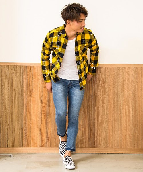 VINTAGE E.L. ペンキ加工ブロックチェック長袖ネルシャツ / 76802-SP VINTAGE E.L. ペンキ加工ブロックチェック長袖ネルシャツ / 76802-SP
