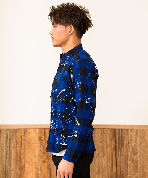 VINTAGE E.L. ペンキ加工ブロックチェック長袖ネルシャツ / 76802-SP VINTAGE E.L. ペンキ加工ブロックチェック長袖ネルシャツ / 76802-SP