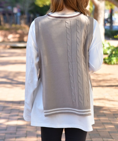 PairPair(ペアペア)の「ショート丈チルデンニットベスト(ベスト・レディース・モカ/アイボリー・FREE)」の12枚目の写真