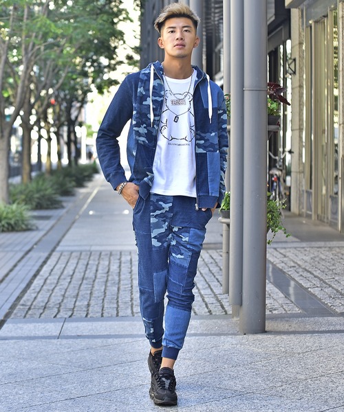 Somediff カモ柄パッチワークスウェットデニム ジョガーパンツセットアップ パーカー Somediff サムディフ のファッション通販 Zozotown