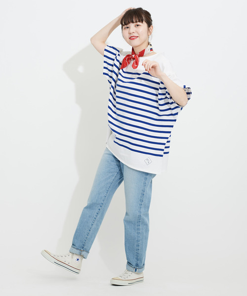 My Fav. CHILD WOMAN（マイファブチャイルドウーマン）の「【NET限定巾着バッグ付き】ラッセルパネルボーダーゆる半袖チュニック（Tシャツ/カットソー・レディース・ブルー・FREE）」の6枚目の写真