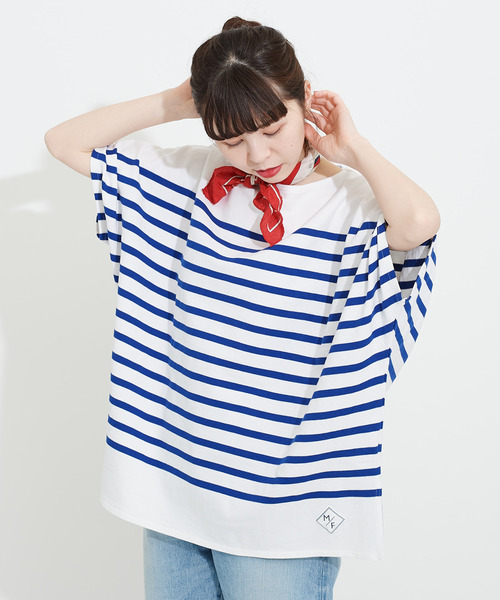 My Fav. CHILD WOMAN（マイファブチャイルドウーマン）の「【NET限定巾着バッグ付き】ラッセルパネルボーダーゆる半袖チュニック（Tシャツ/カットソー・レディース・ブルー・FREE）」の2枚目の写真