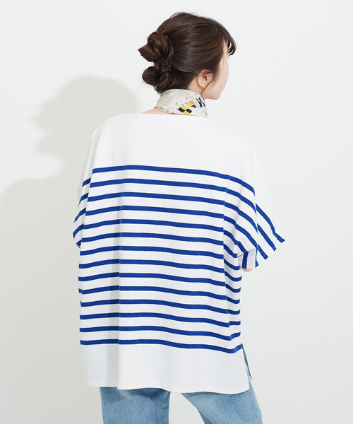 My Fav. CHILD WOMAN（マイファブチャイルドウーマン）の「【NET限定巾着バッグ付き】ラッセルパネルボーダーゆる半袖チュニック（Tシャツ/カットソー・レディース・ブルー・FREE）」の3枚目の写真