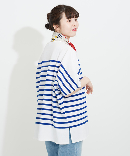 My Fav. CHILD WOMAN（マイファブチャイルドウーマン）の「【NET限定巾着バッグ付き】ラッセルパネルボーダーゆる半袖チュニック（Tシャツ/カットソー・レディース・ブルー・FREE）」の4枚目の写真