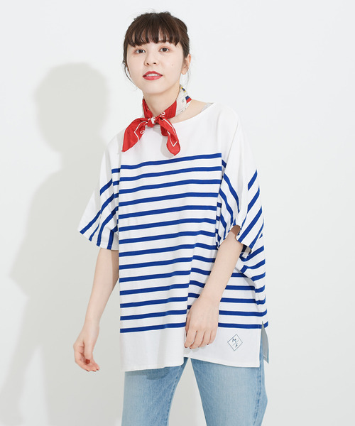 My Fav. CHILD WOMAN（マイファブチャイルドウーマン）の「【NET限定巾着バッグ付き】ラッセルパネルボーダーゆる半袖チュニック（Tシャツ/カットソー・レディース・ブルー・FREE）」の5枚目の写真