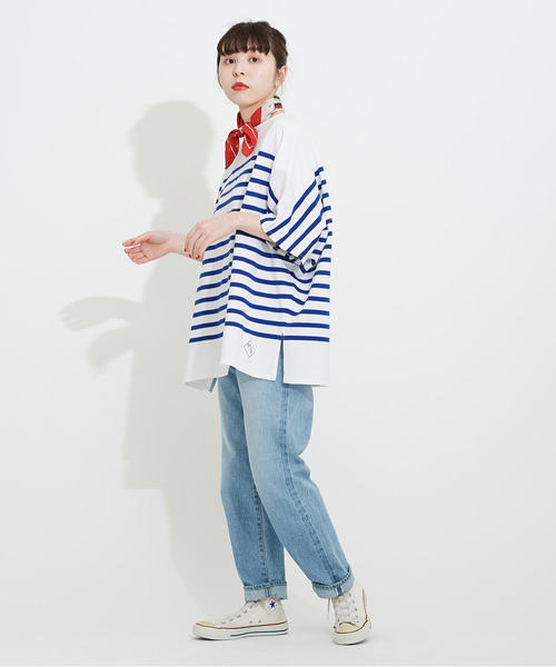 My Fav. CHILD WOMAN（マイファブチャイルドウーマン）の「【NET限定巾着バッグ付き】ラッセルパネルボーダーゆる半袖チュニック（Tシャツ/カットソー・レディース・ブルー・FREE）」の7枚目の写真