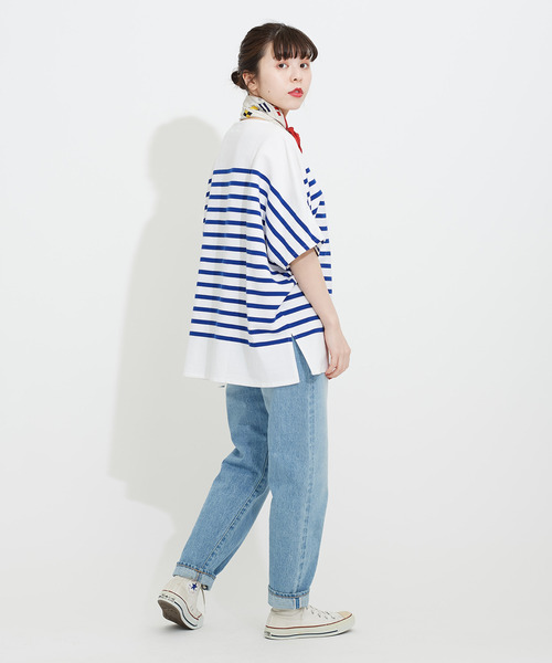 My Fav. CHILD WOMAN（マイファブチャイルドウーマン）の「【NET限定巾着バッグ付き】ラッセルパネルボーダーゆる半袖チュニック（Tシャツ/カットソー・レディース・ブルー・FREE）」の8枚目の写真