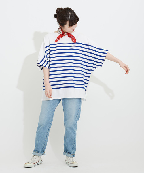 My Fav. CHILD WOMAN（マイファブチャイルドウーマン）の「【NET限定巾着バッグ付き】ラッセルパネルボーダーゆる半袖チュニック（Tシャツ/カットソー・レディース・ブルー・FREE）」の9枚目の写真