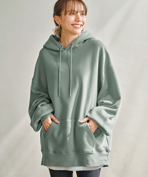 GeeRA（ジーラ）の「綿混裏起毛ビッグシルエットパーカー（パーカー・レディース・チャコール/ブラック/パープル/ベージュ/グリーン/ピンク/ダークグリーン・S/M/L/XL/XX-LARGE）」の5枚目の写真