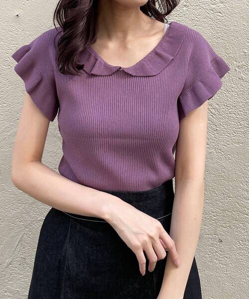 MAJESTIC LEGON(マジェスティックレゴン)の「フリルレディニット(ニット/セーター・レディース・ブラウン/アイボリー/パープル・MEDIUM)」の14枚目の写真