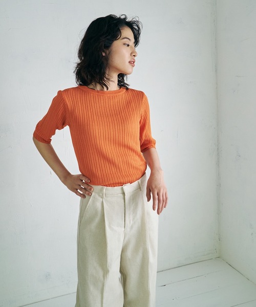 4youstory（フォーユーストーリー）の「【4youstory】リブニットトップス（Tシャツ/カットソー・レディース・ブラック/オレンジ/アイボリー/ブルー・FREE）」の4枚目の写真