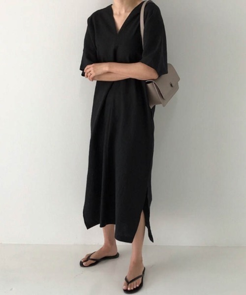 AMELY（エミリー）の「リネン混ワンピース（ワンピース・レディース・ブラック/ベージュ・S/M/L）」の3枚目の写真