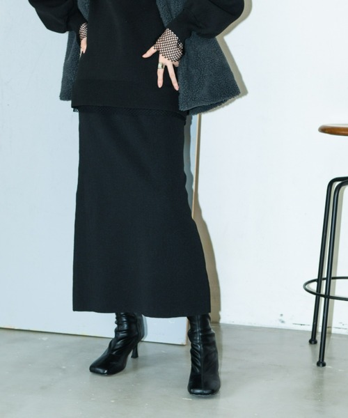 AIC.（エーアイシー）の「【再入荷】スポンジニットスリットロングスカート/前後2WAY（スカート・レディース・グリーン/ブラック/ピンク/ブルー・FREE）」の2枚目の写真