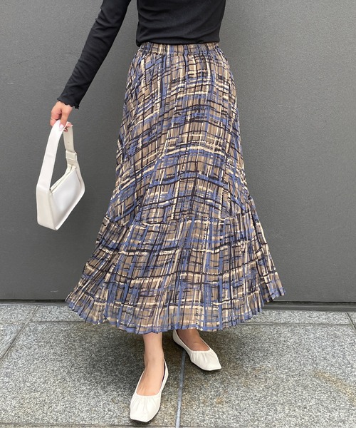 StyleSea（スタイルシー）の「チェックプリントランダムプリーツスカート（スカート・レディース・モカ/グリーン・FREE）」の2枚目の写真