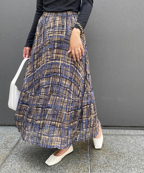 StyleSea（スタイルシー）の「チェックプリントランダムプリーツスカート（スカート・レディース・モカ/グリーン・FREE）」の8枚目の写真