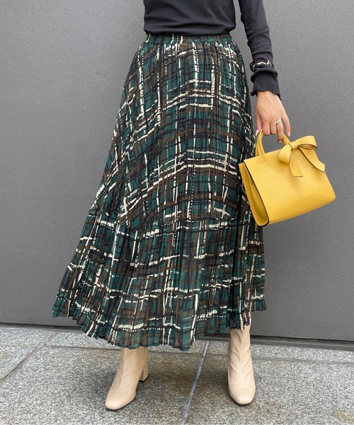 StyleSea（スタイルシー）の「チェックプリントランダムプリーツスカート（スカート・レディース・モカ/グリーン・FREE）」の6枚目の写真