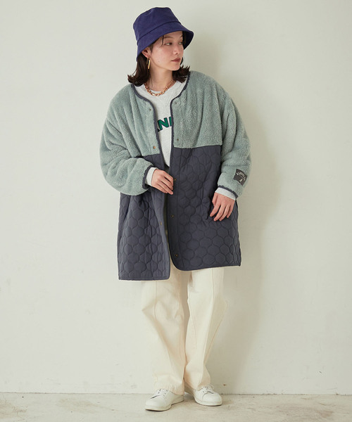 KANGOL EXTRA COMFORT（カンゴールエクストラコンフォート）の「キルト切替アウター（ノーカラーコート・レディース・ベージュ/ライトグリーン/ネイビー/ブルーグレー・M/LL/L）」の7枚目の写真