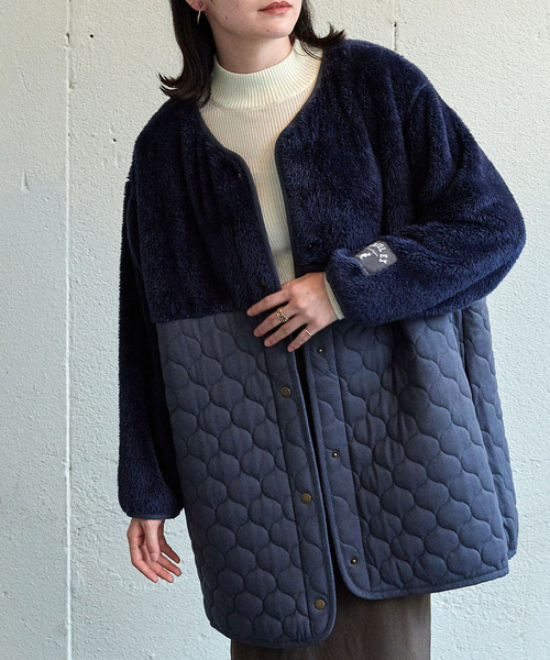 KANGOL EXTRA COMFORT（カンゴールエクストラコンフォート）の「キルト切替アウター（ノーカラーコート・レディース・ベージュ/ライトグリーン/ネイビー/ブルーグレー・M/LL/L）」の4枚目の写真