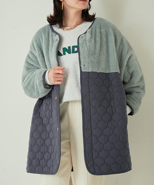 KANGOL EXTRA COMFORT（カンゴールエクストラコンフォート）の「キルト切替アウター（ノーカラーコート・レディース・ベージュ/ライトグリーン/ネイビー/ブルーグレー・M/LL/L）」の2枚目の写真